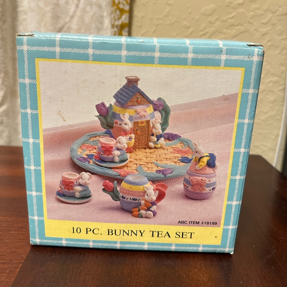 Easter Bunny 10 Pcs Tea set, a.ns Miniature Resin tea set with plates & tray.